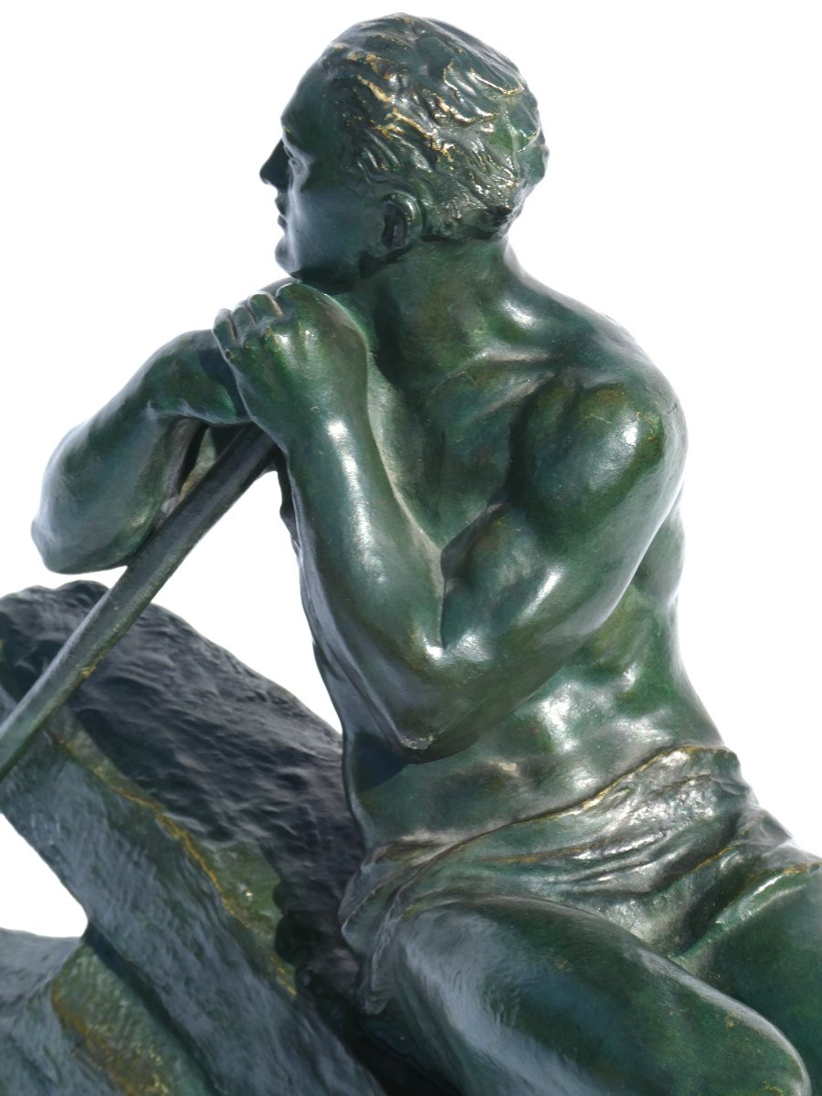 Sculpture En Bronze Art Deco , Homme Torse Nu , Le Barreur Signé Pierre Le Faguays 1920-photo-7