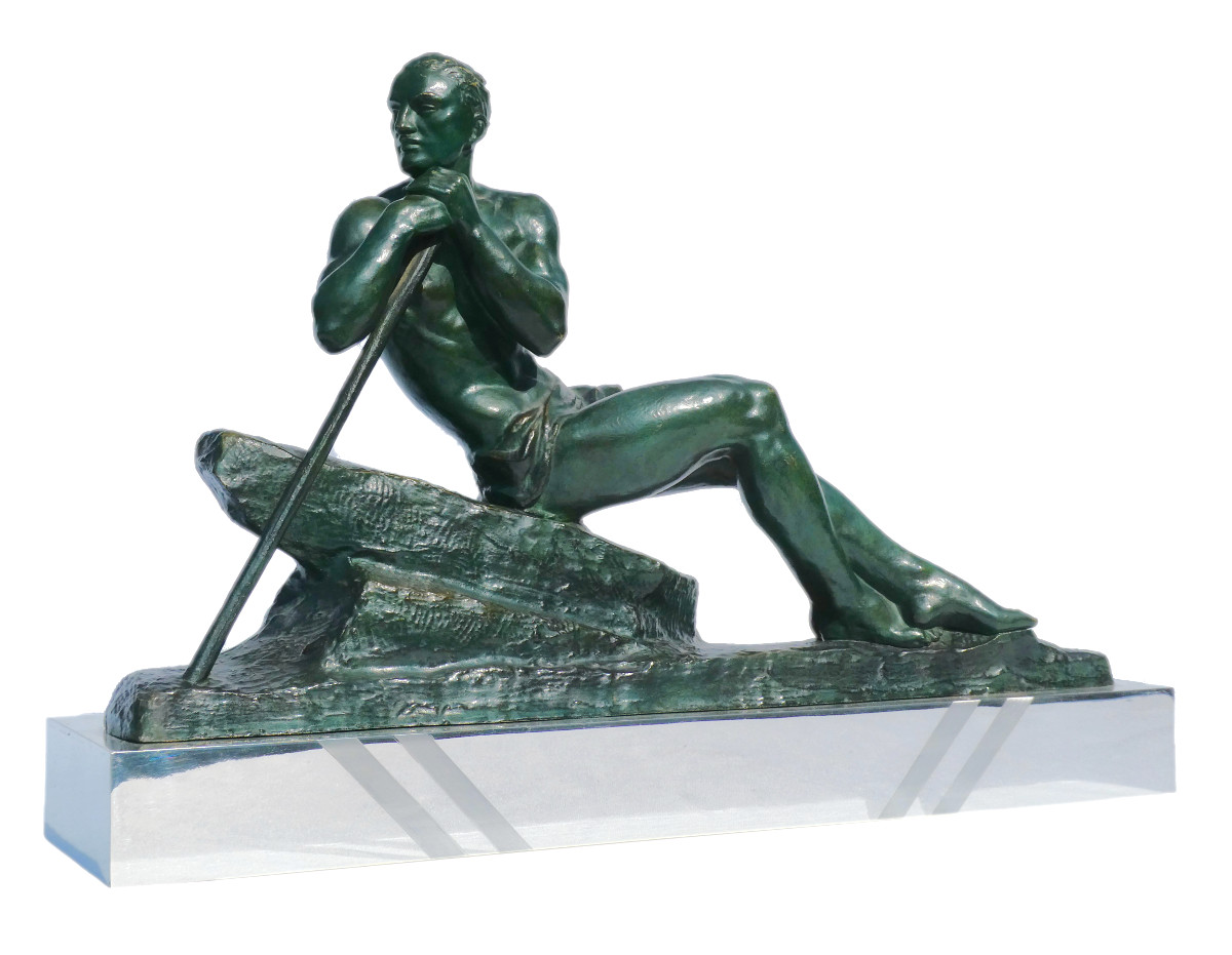 Sculpture En Bronze Art Deco , Homme Torse Nu , Le Barreur Signé Pierre Le Faguays 1920