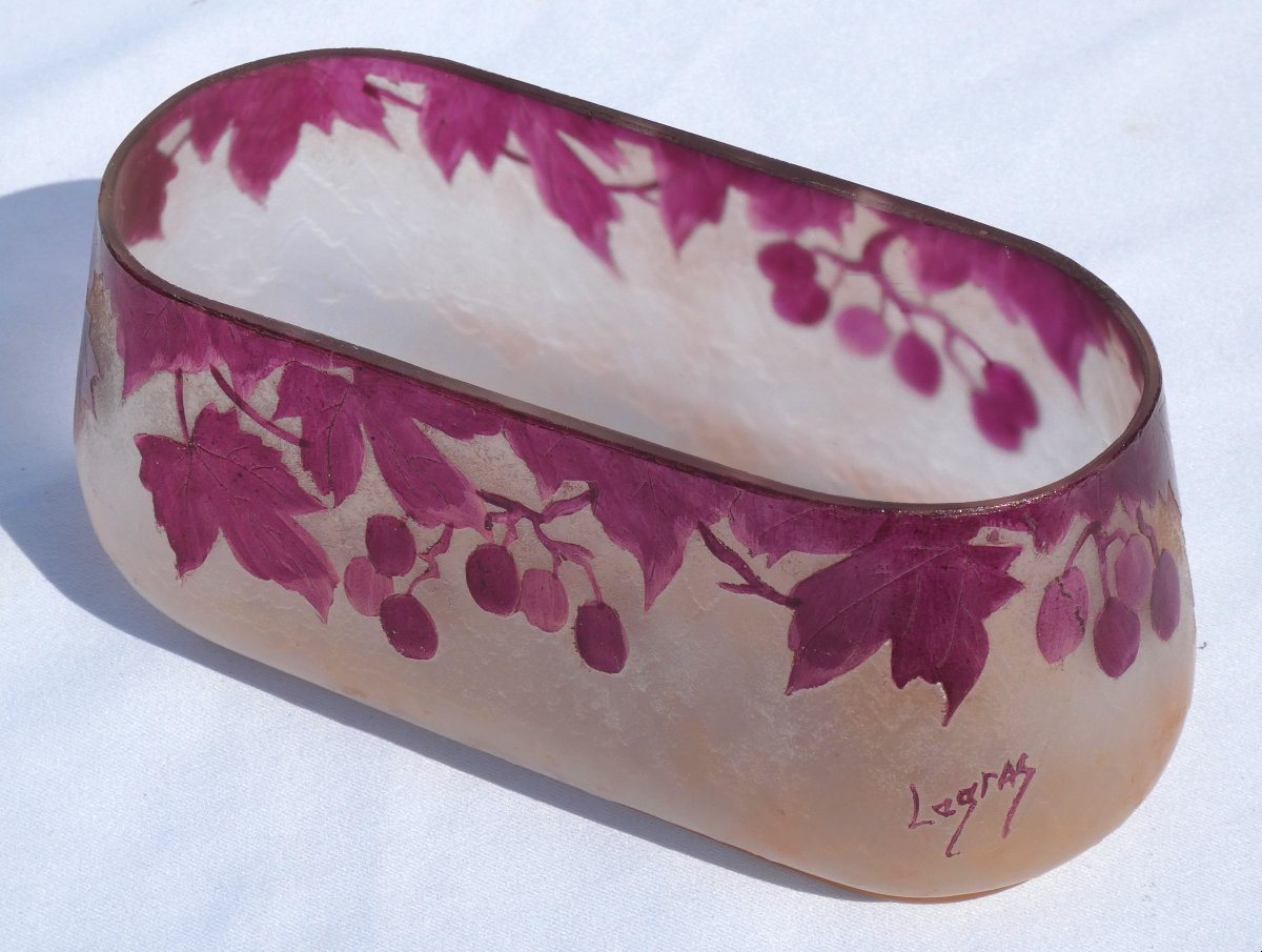 Acid-etched Enameled Glass Table Planter, Signed Theodore Legras Rubis Series Vase-photo-1