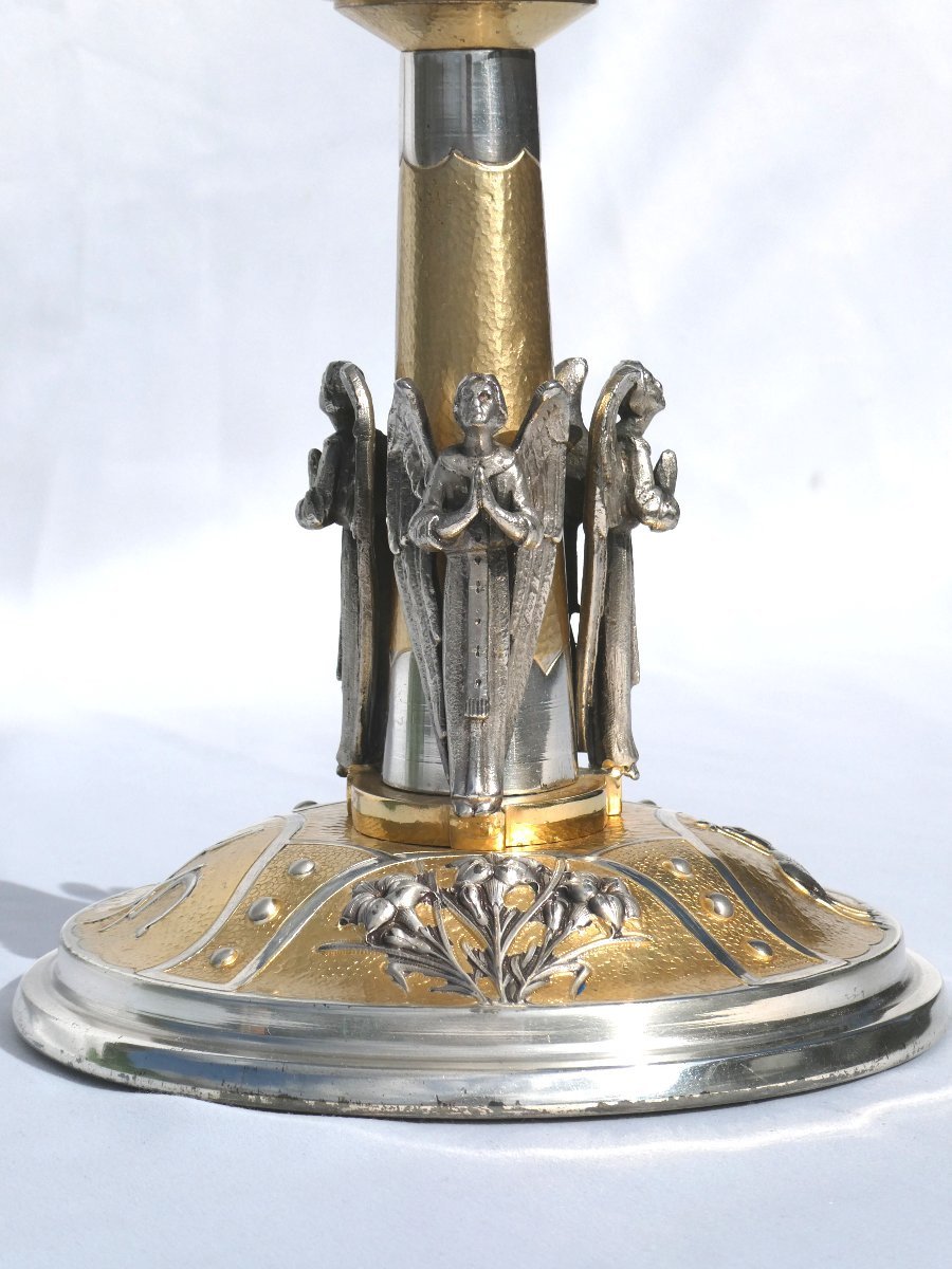 Large Monstrance In Silver-plated Bronze, Art Deco Style, Rhinestones, Angel Decor 1920, Reliquary-photo-2