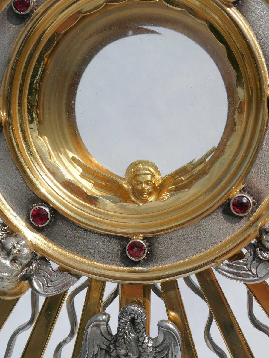 Large Monstrance In Silver-plated Bronze, Art Deco Style, Rhinestones, Angel Decor 1920, Reliquary-photo-4