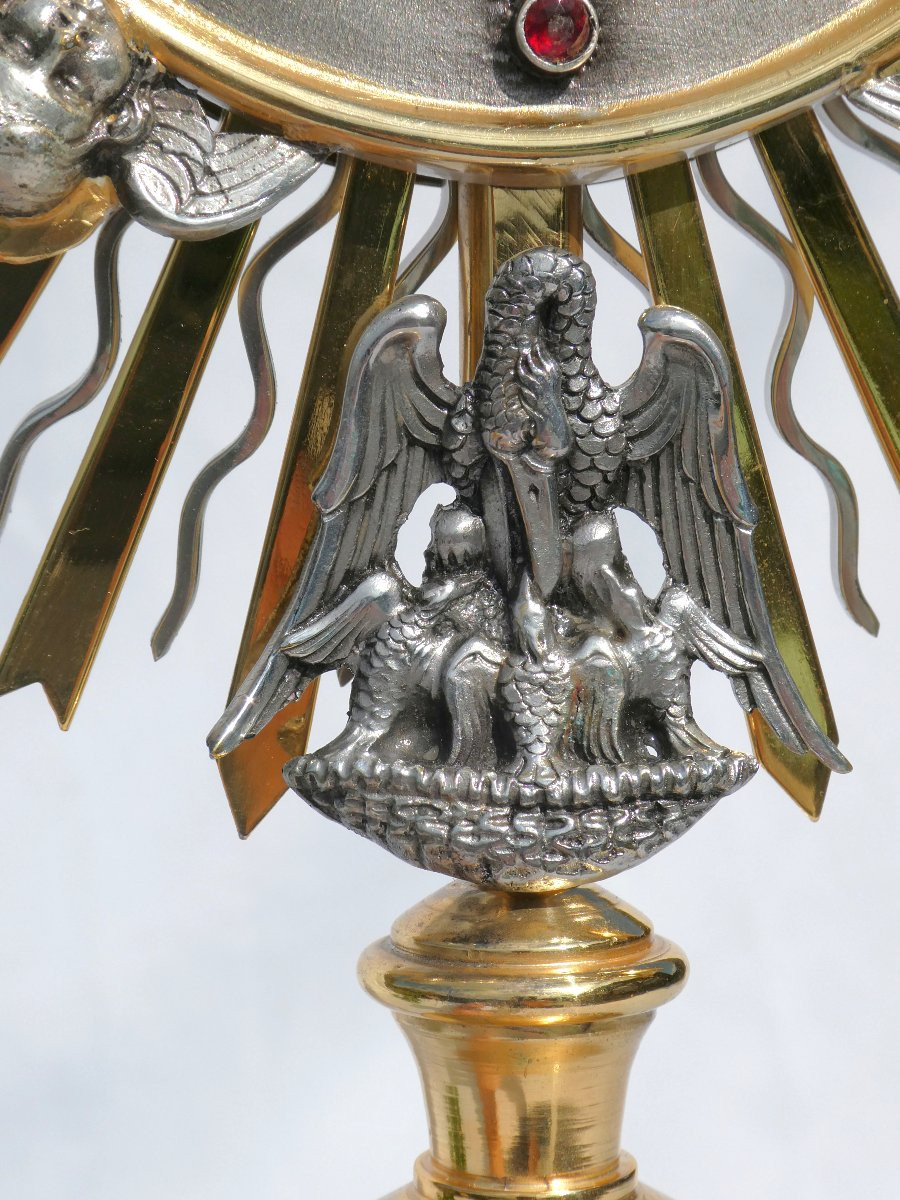 Large Monstrance In Silver-plated Bronze, Art Deco Style, Rhinestones, Angel Decor 1920, Reliquary-photo-1