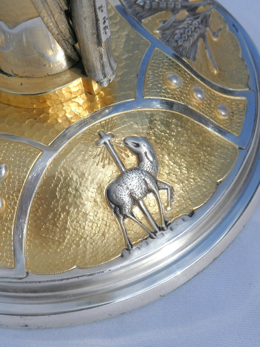 Large Monstrance In Silver-plated Bronze, Art Deco Style, Rhinestones, Angel Decor 1920, Reliquary-photo-3