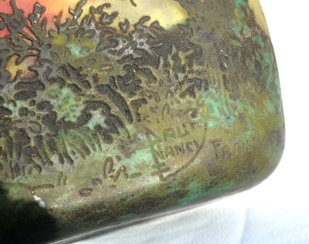 Jardiniere / Vase In Acid-etched Glass Daum Nancy Croix De Lorraine, Marble Base 1900-photo-2