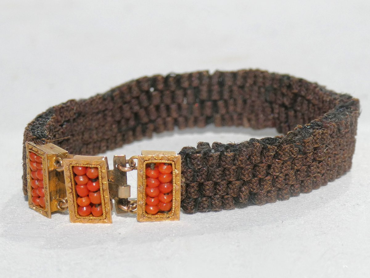 Bracelet De Sentiments , Epoque Napoleon III , Cheveux Tressés , Corail , Bijou XIXe-photo-4