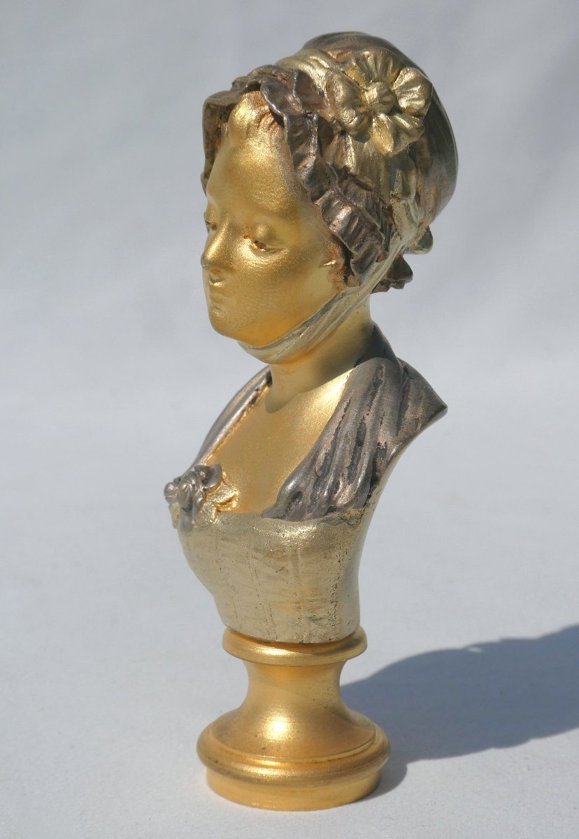 Sceau à Cacheter , Buste De Jeune Femme En Bronze Doré & Argenté XIXe Alexandre Auguste Caron-photo-2