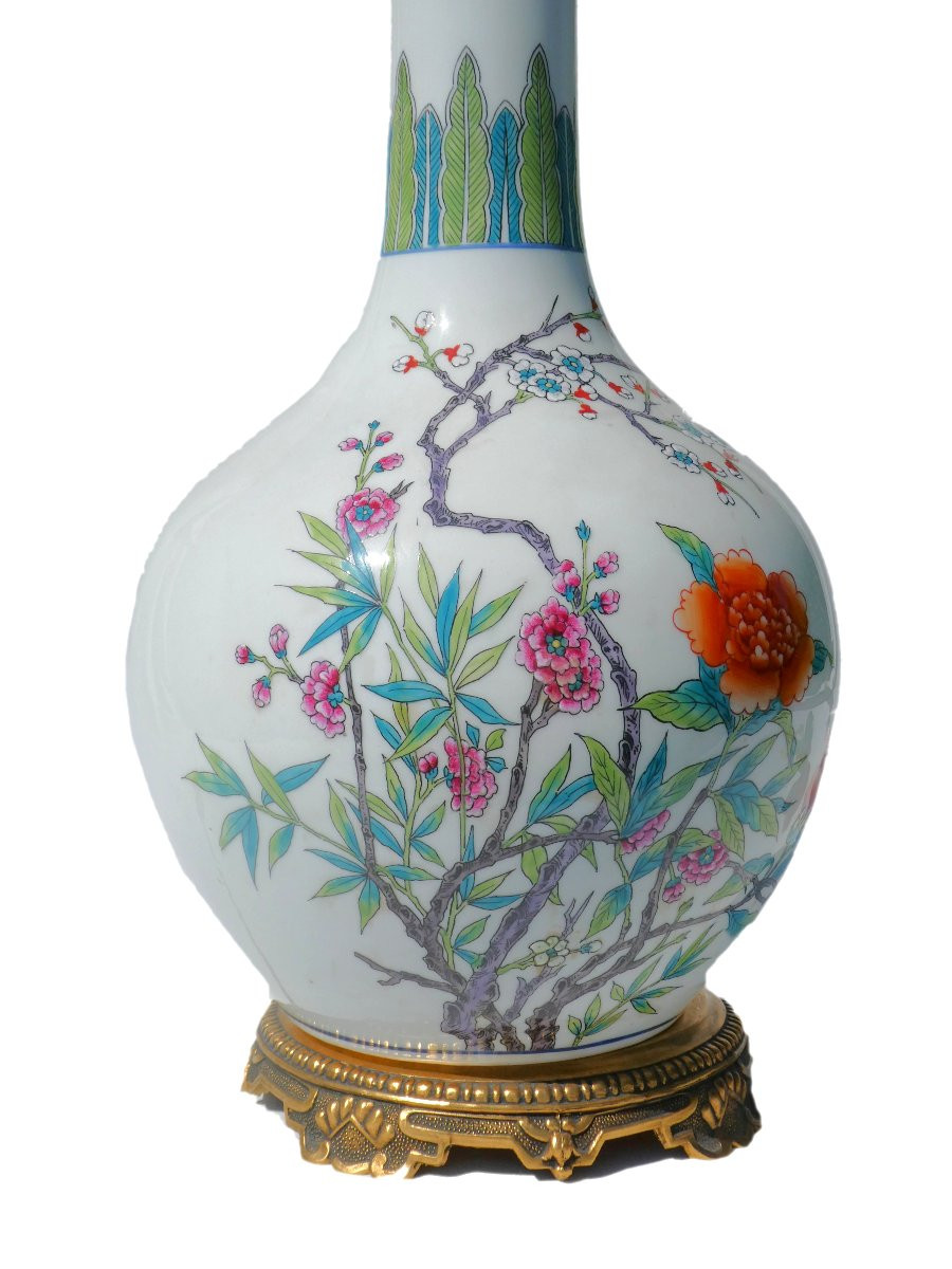 Lampe En Porcelaine Chinoise , Décor Polychrome De Fleurs , Monture Bronze Doré XIXe , Chine-photo-3