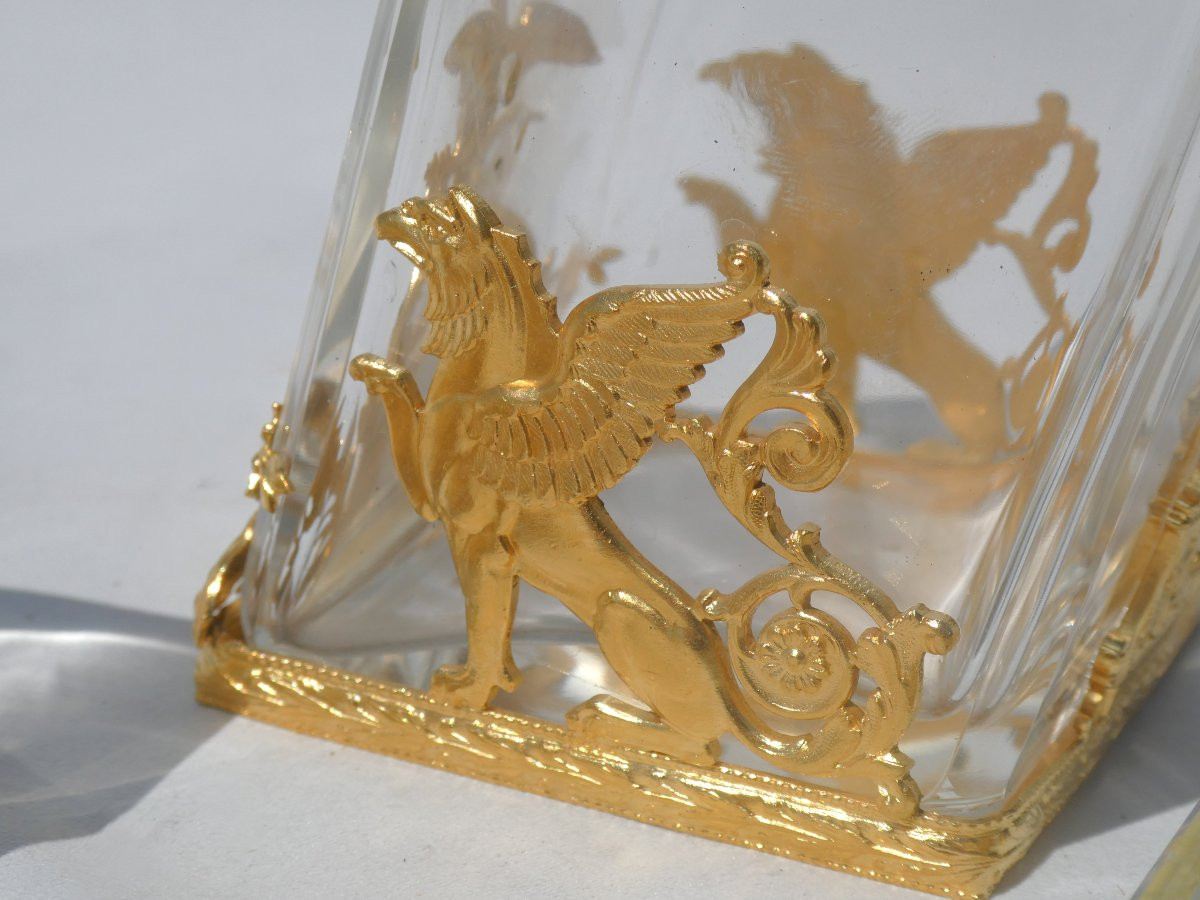Empire Style Desk Set, Crystal And Gilded Brass, 19th Century Eagle, Empty Pocket -photo-3