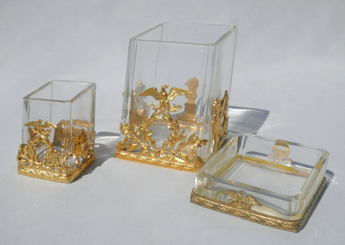 Empire Style Desk Set, Crystal And Gilded Brass, 19th Century Eagle, Empty Pocket 