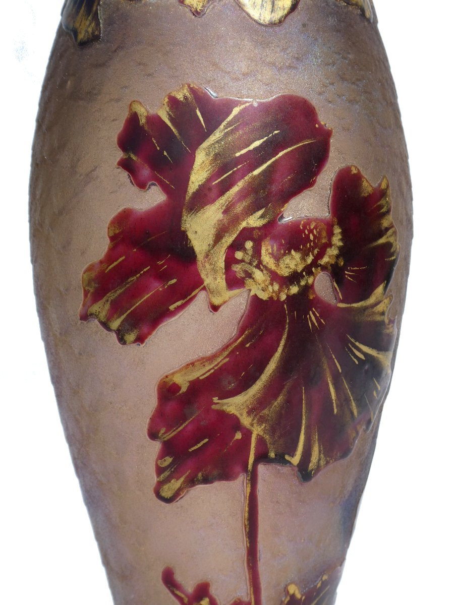 Baluster Vase In Acid-etched Glass, Montjoye, Art Nouveau Style, Enamel, Legras 19th Century-photo-1