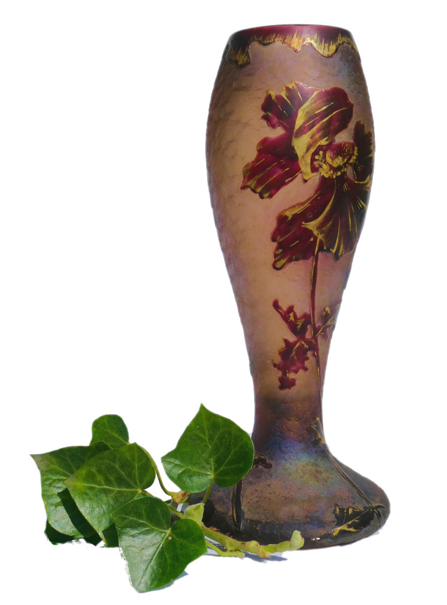 Baluster Vase In Acid-etched Glass, Montjoye, Art Nouveau Style, Enamel, Legras 19th Century