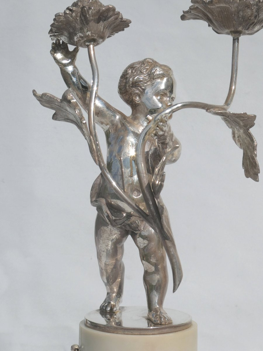 Pair Of Candlesticks / Candelabras In Silver Bronze Napoleon III White Marble Candlesticks Putti-photo-2