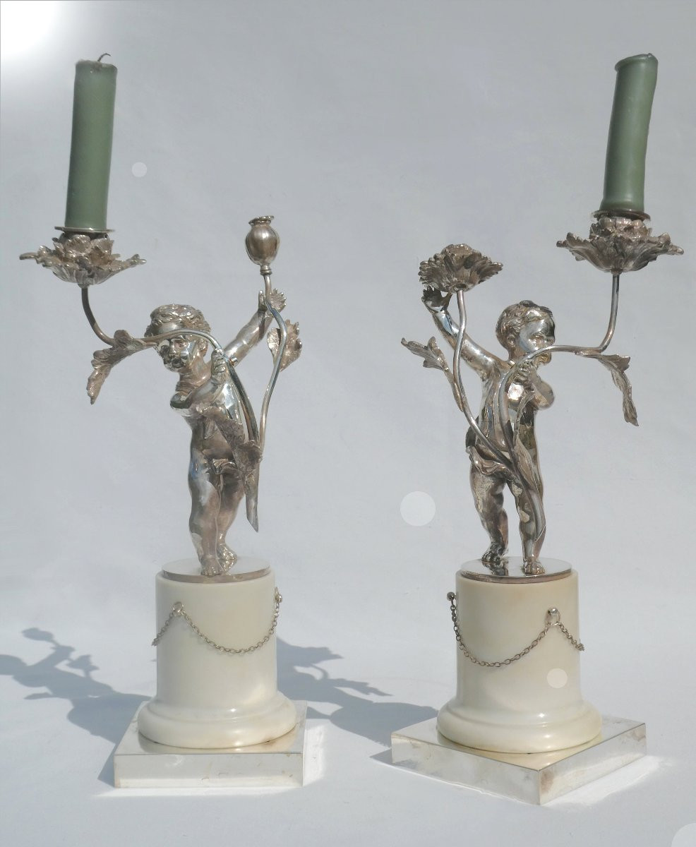 Pair Of Candlesticks / Candelabras In Silver Bronze Napoleon III White Marble Candlesticks Putti-photo-4