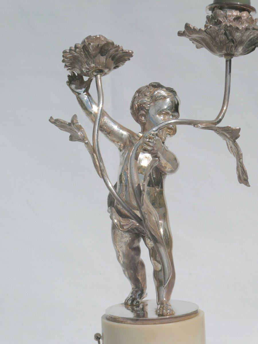 Pair Of Candlesticks / Candelabras In Silver Bronze Napoleon III White Marble Candlesticks Putti-photo-1