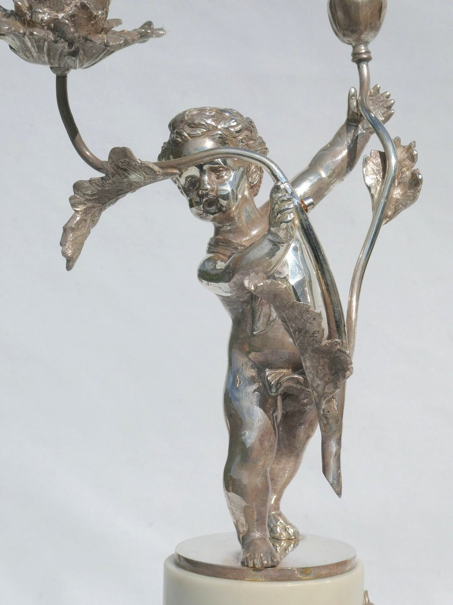 Pair Of Candlesticks / Candelabras In Silver Bronze Napoleon III White Marble Candlesticks Putti-photo-2
