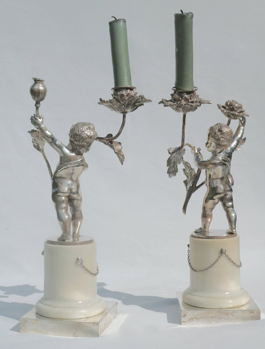 Pair Of Candlesticks / Candelabras In Silver Bronze Napoleon III White Marble Candlesticks Putti-photo-4