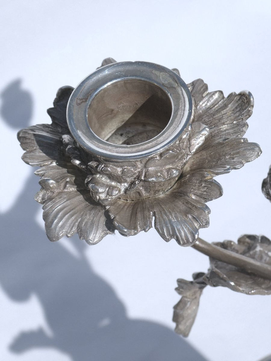 Pair Of Candlesticks / Candelabras In Silver Bronze Napoleon III White Marble Candlesticks Putti-photo-6