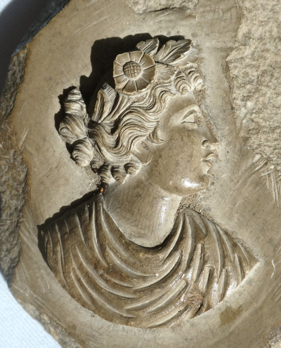 Large Lava Stone Cameo, Antique Profile, Souvenir Of The Grand Tour, 19th Century Curiosities-photo-2