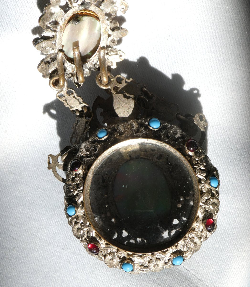 Renaissance Style Chatelaine, Napoleon III Watch Holder, Enamelled Portraits, 19th Century Women's Jewelry-photo-5