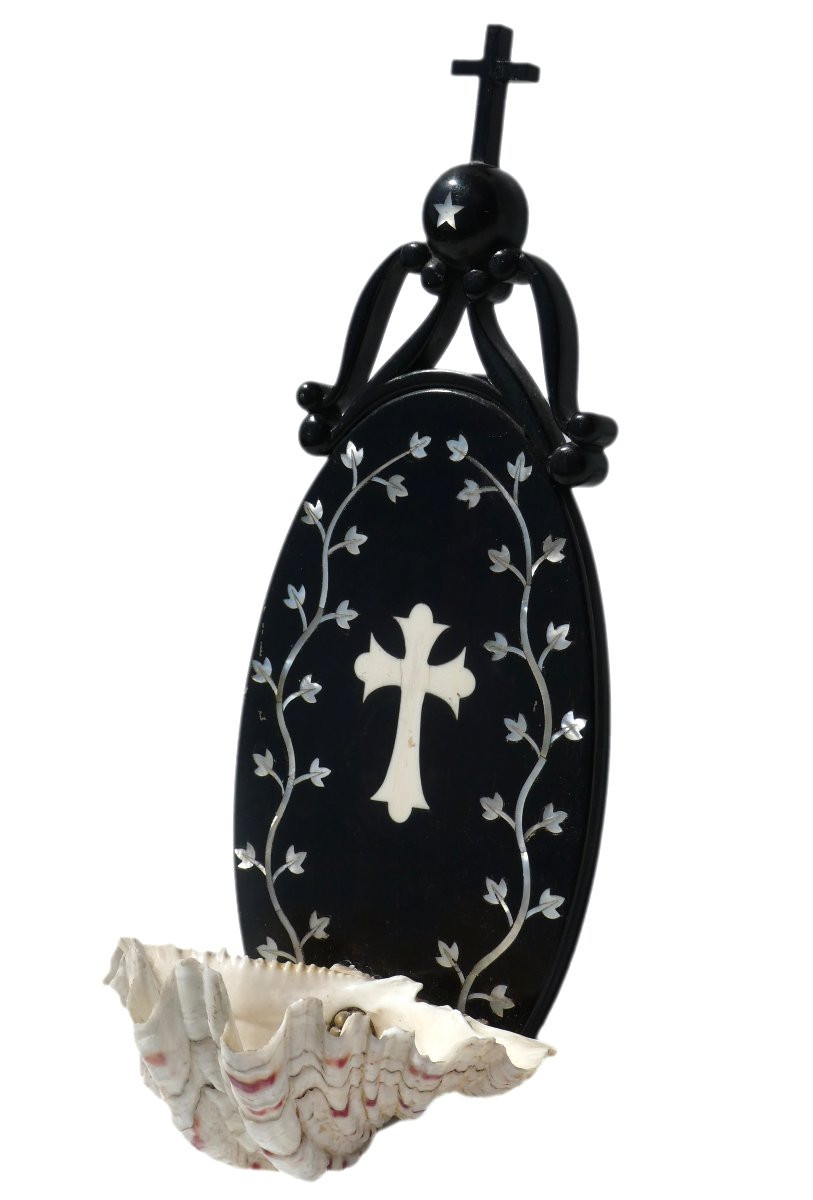 Napoleon III Period Wall-mounted Holy Water Font, Shell, Blackened Wood & Mother-of-pearl, Napoleon III Ebonite -photo-2