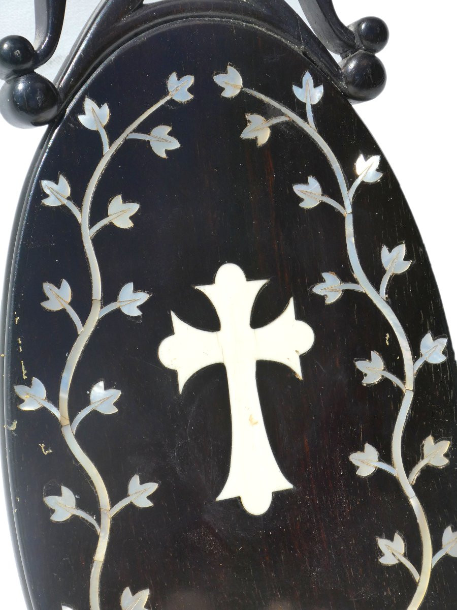 Napoleon III Period Wall-mounted Holy Water Font, Shell, Blackened Wood & Mother-of-pearl, Napoleon III Ebonite -photo-4