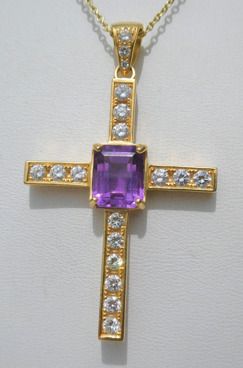 Grande Croix En Or , Amethyste & Diamants , pendentif napoleon iii , Bijou xixe , -photo-2
