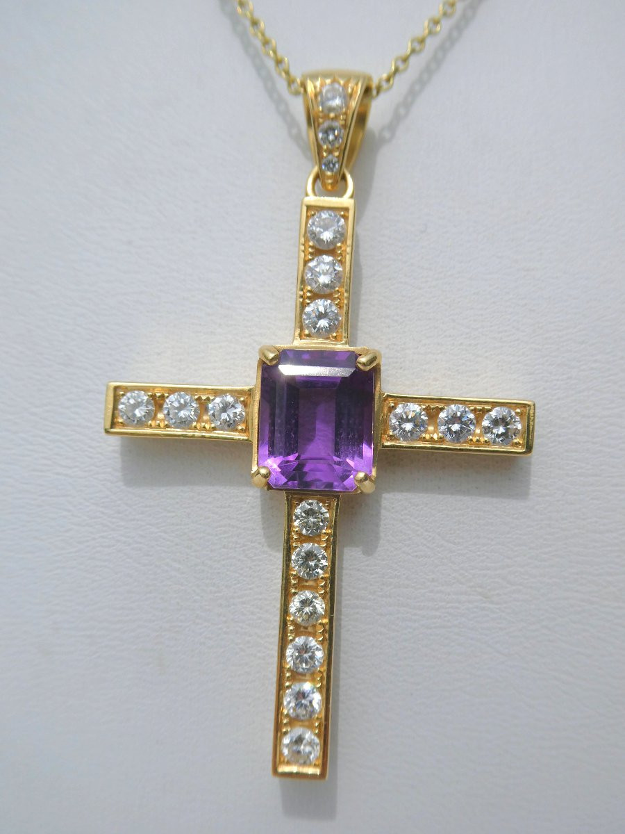 Grande Croix En Or , Amethyste & Diamants , pendentif napoleon iii , Bijou xixe , -photo-4