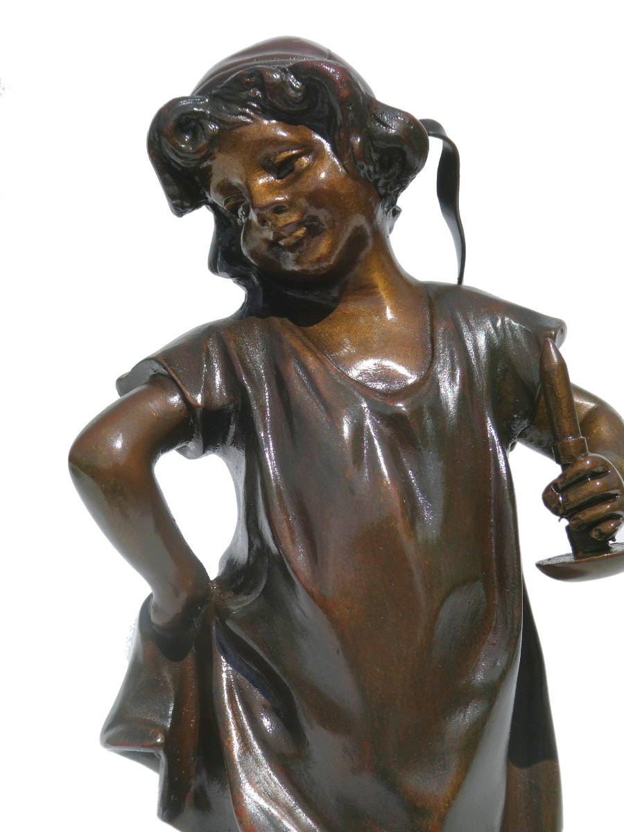 Bronze Sculpture Of A Young Girl With A Candlestick, Good Evening, 19th Century Candlestick, Child Lucien Alliot-photo-2