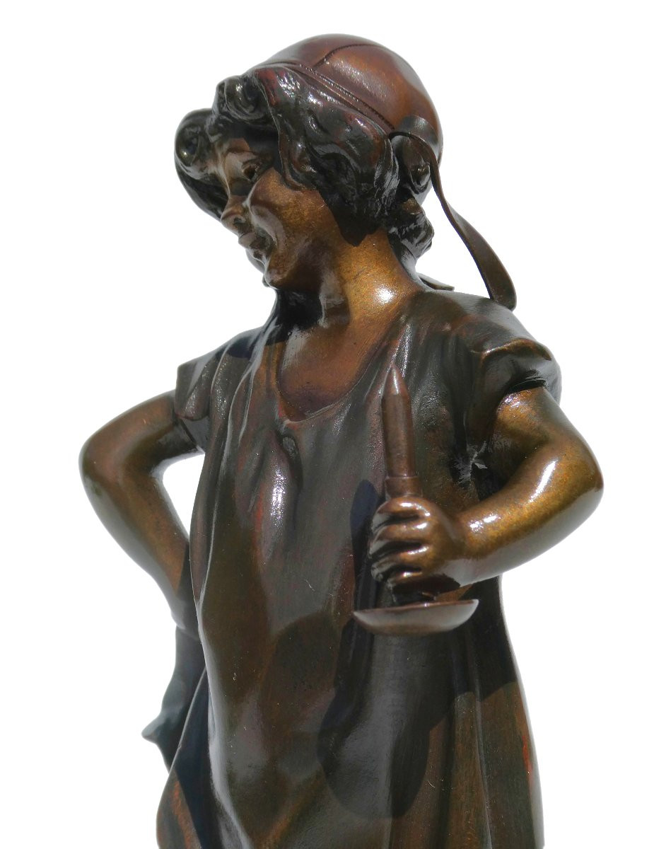 Bronze Sculpture Of A Young Girl With A Candlestick, Good Evening, 19th Century Candlestick, Child Lucien Alliot-photo-3