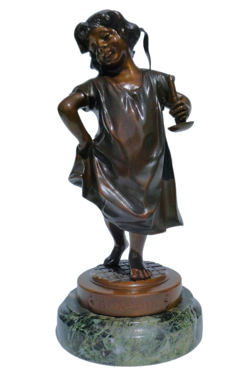 Bronze Sculpture Of A Young Girl With A Candlestick, Good Evening, 19th Century Candlestick, Child Lucien Alliot-photo-1