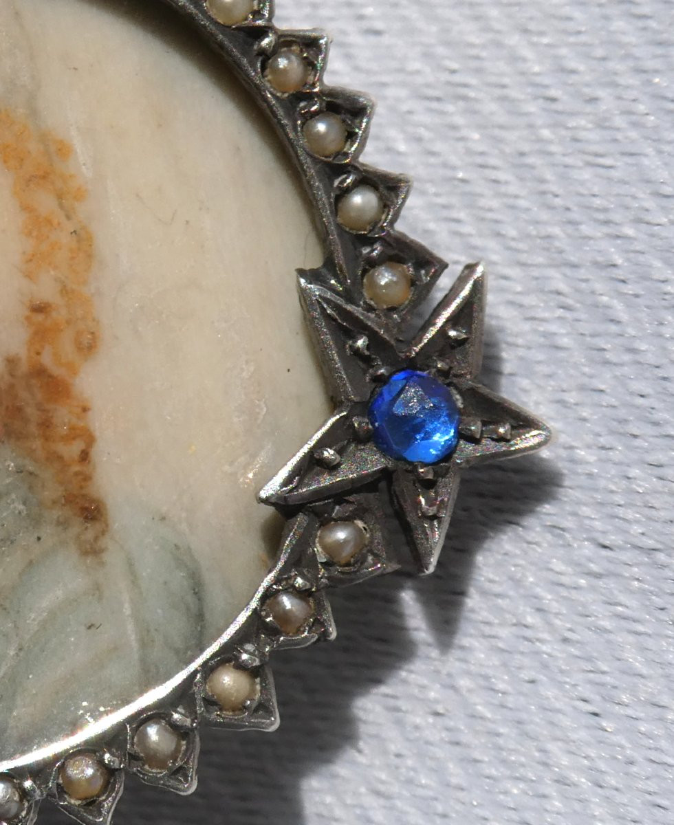 Broche En Argent , Saphir & Perles Epoque 1900 , Porte Photo , Portrait Miniature , Aquarelle-photo-2