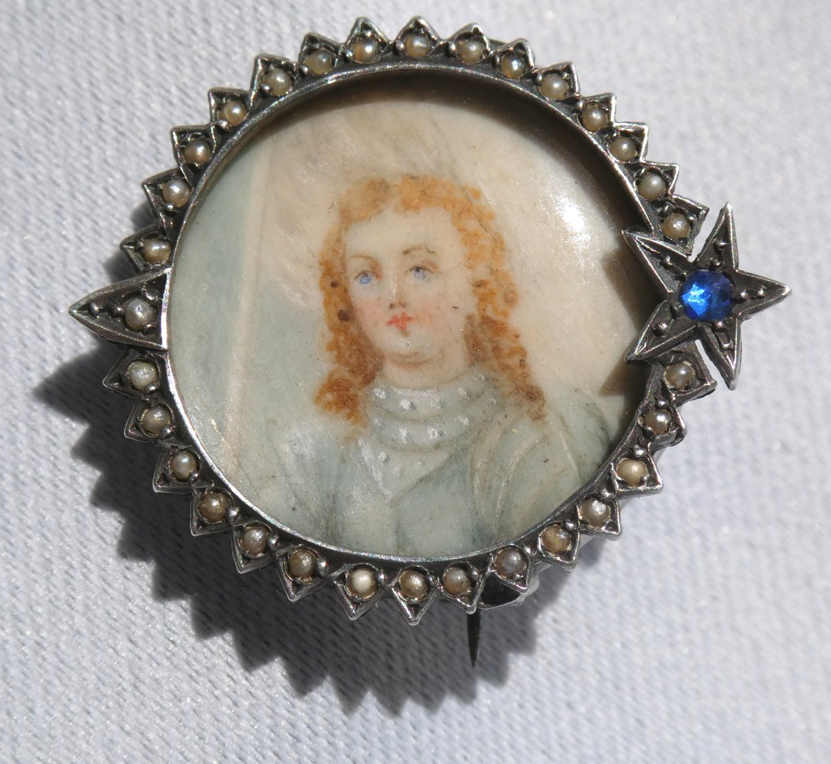 Broche En Argent , Saphir & Perles Epoque 1900 , Porte Photo , Portrait Miniature , Aquarelle-photo-4
