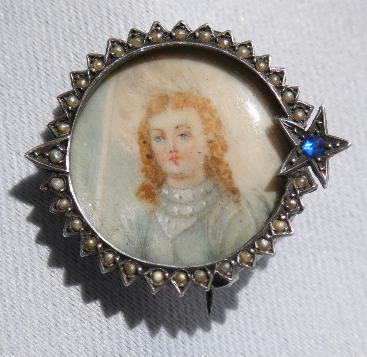 Broche En Argent , Saphir & Perles Epoque 1900 , Porte Photo , Portrait Miniature , Aquarelle