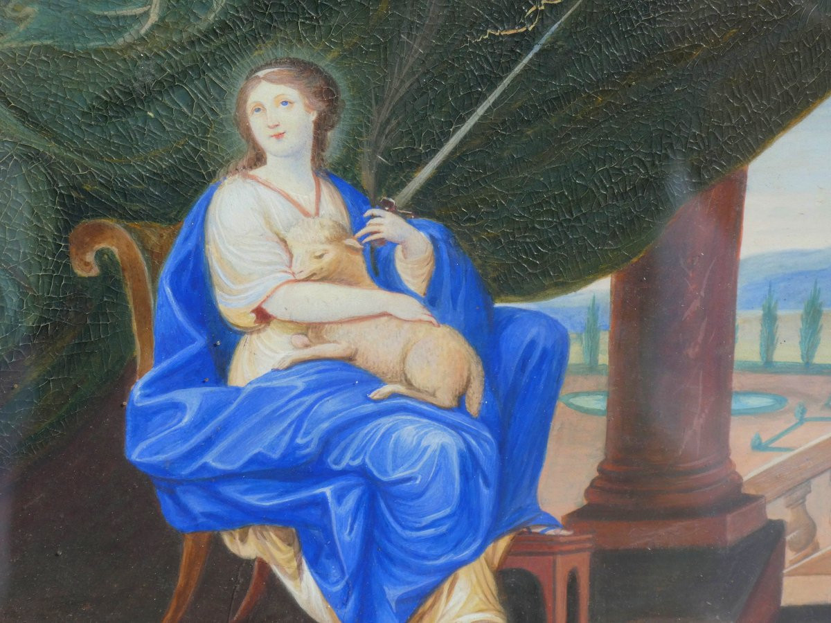 Gouache religieuse epoque XVIIIe siecle , Sainte Agnes de Rome , peinture , cadre doré-photo-2