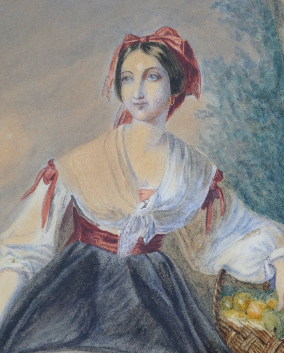 AQUARELLE EPOQUE 1840 JEUNE FEMME AU PANIER XIXE , PORTRAIT D'ELEGANTE , BOIS DORE NAPOLEON III-photo-1
