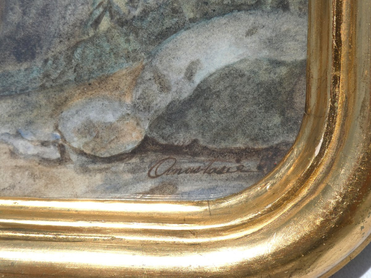 AQUARELLE EPOQUE 1840 JEUNE FEMME AU PANIER XIXE , PORTRAIT D'ELEGANTE , BOIS DORE NAPOLEON III-photo-2