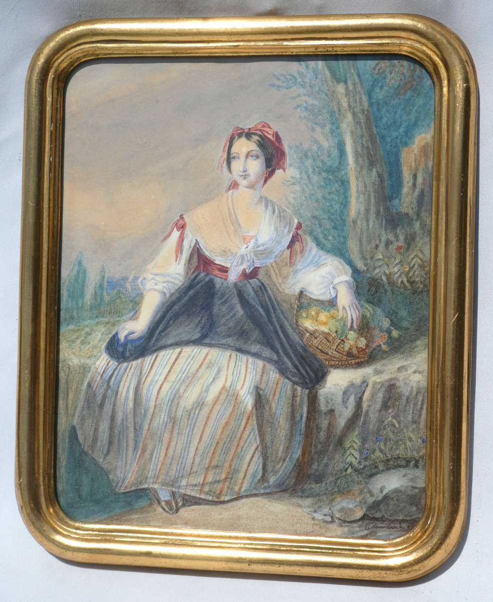 AQUARELLE EPOQUE 1840 JEUNE FEMME AU PANIER XIXE , PORTRAIT D'ELEGANTE , BOIS DORE NAPOLEON III