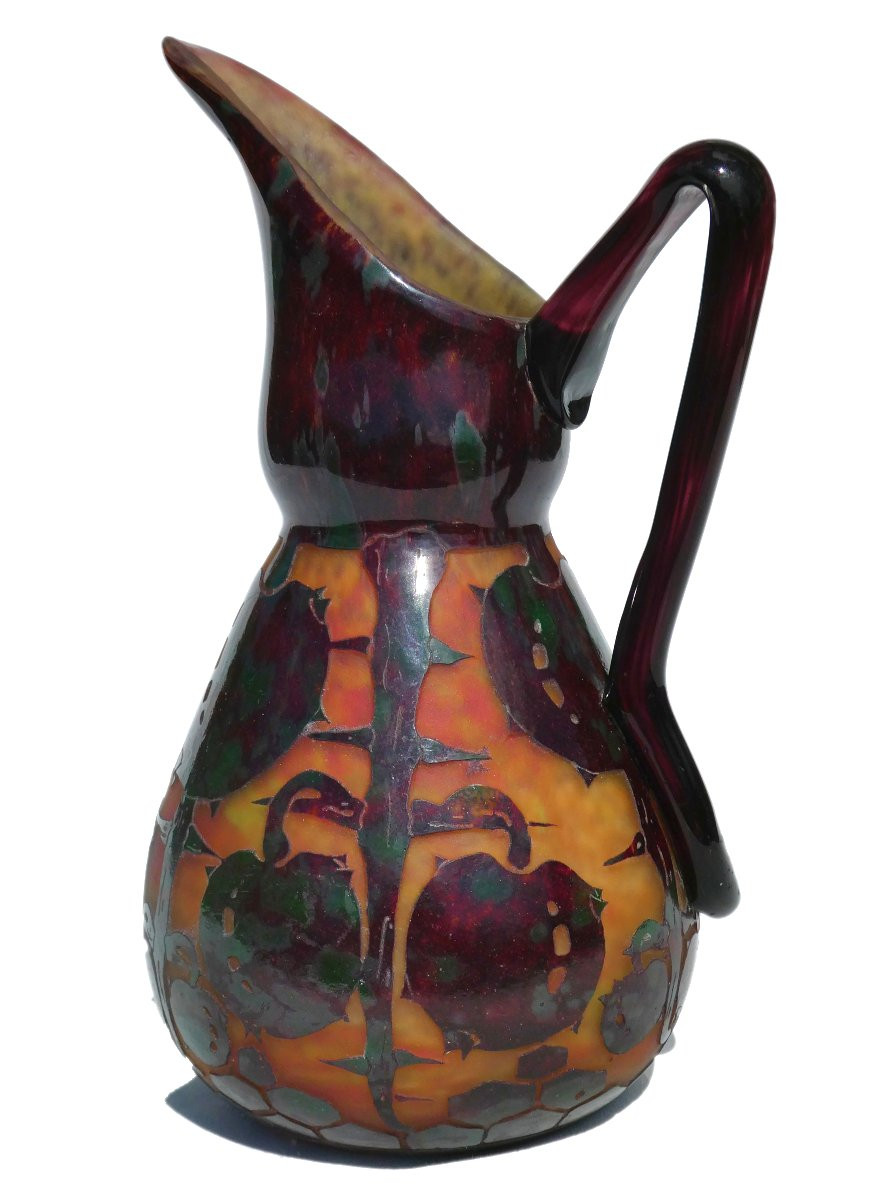 PICHET / BROC VERRE DEGAGE A L'ACIDE LE VERRE FRANCAIS SCHNEIDER CHATAIGNES ART DECO 1920 VASE-photo-4