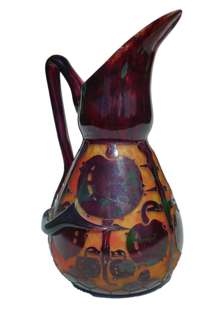 PICHET / BROC VERRE DEGAGE A L'ACIDE LE VERRE FRANCAIS SCHNEIDER CHATAIGNES ART DECO 1920 VASE