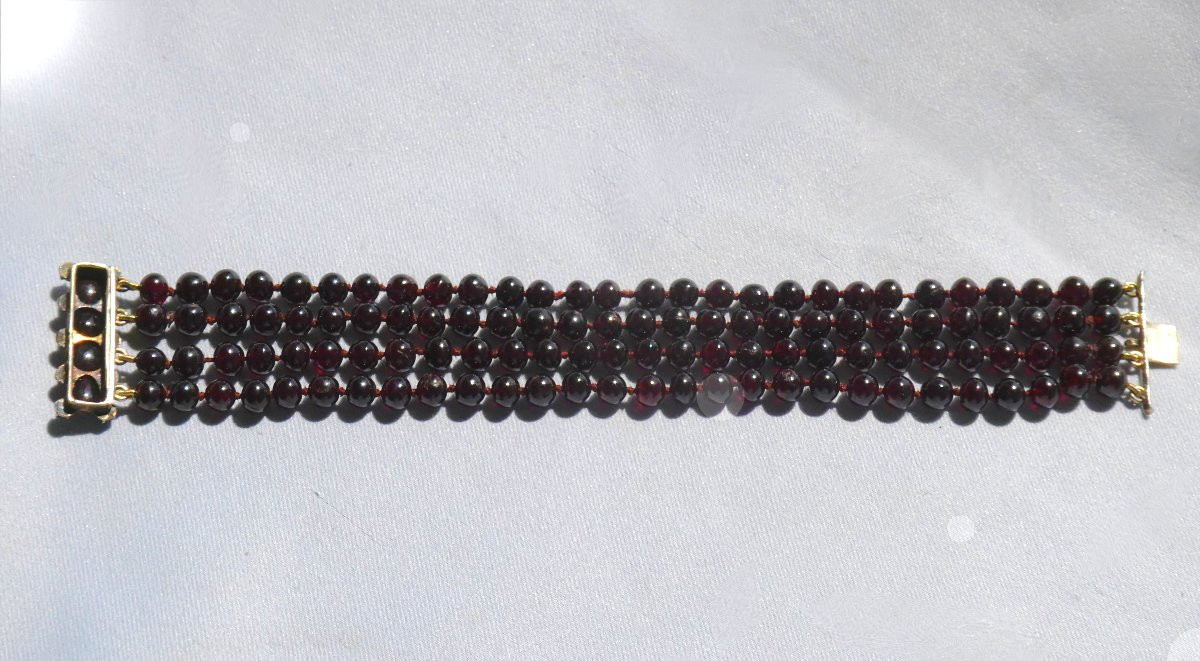 Bracelet Epoque Napoléon III , 4 Rangs De Perles De Grenats , Bijou XIXe , Perpignan , Fermoir-photo-3