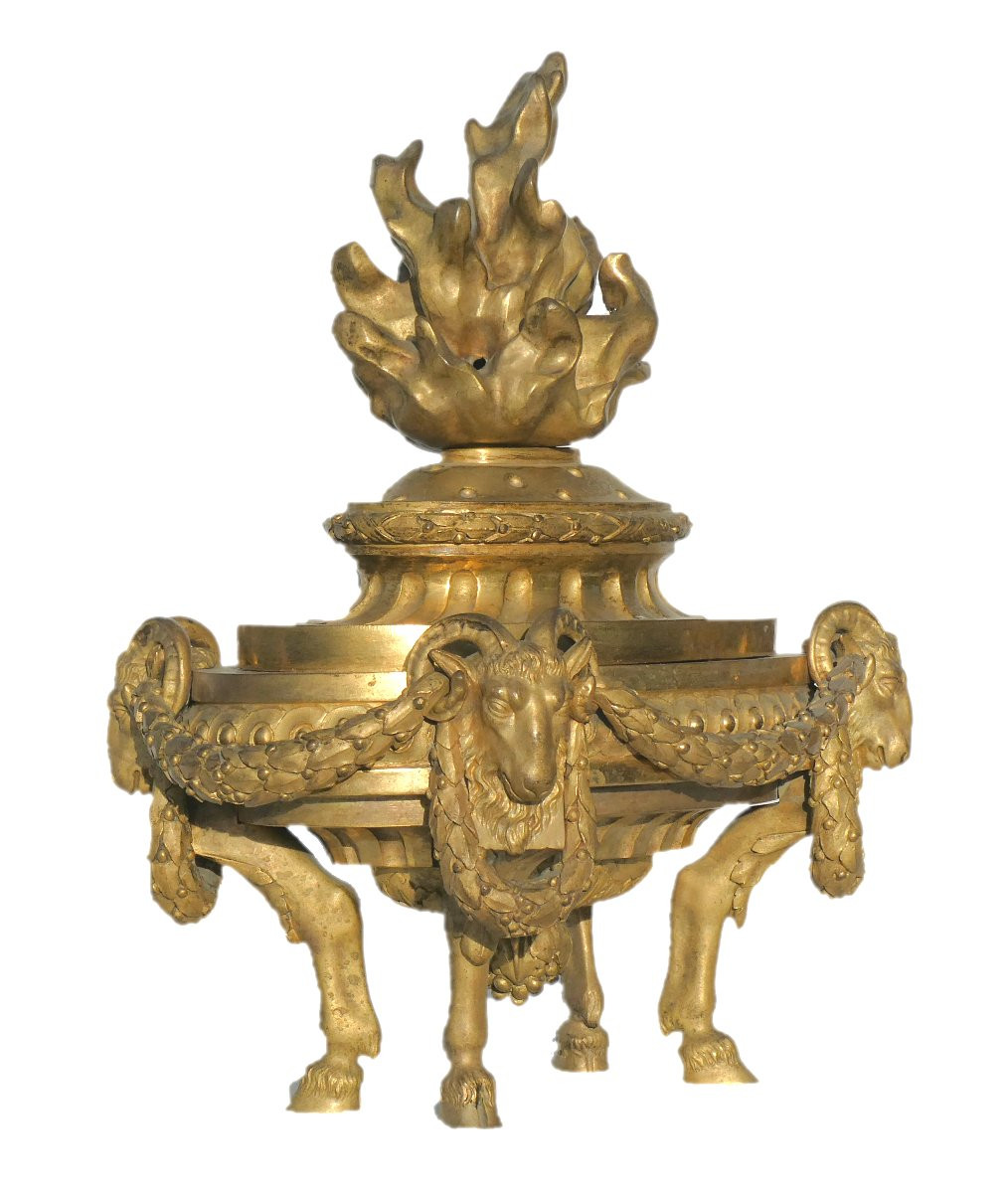 Pair Of Fire Pots / Incense Burners, Gilt Bronze, Louis XVI Style, 18th Century, Ram's Head-photo-3