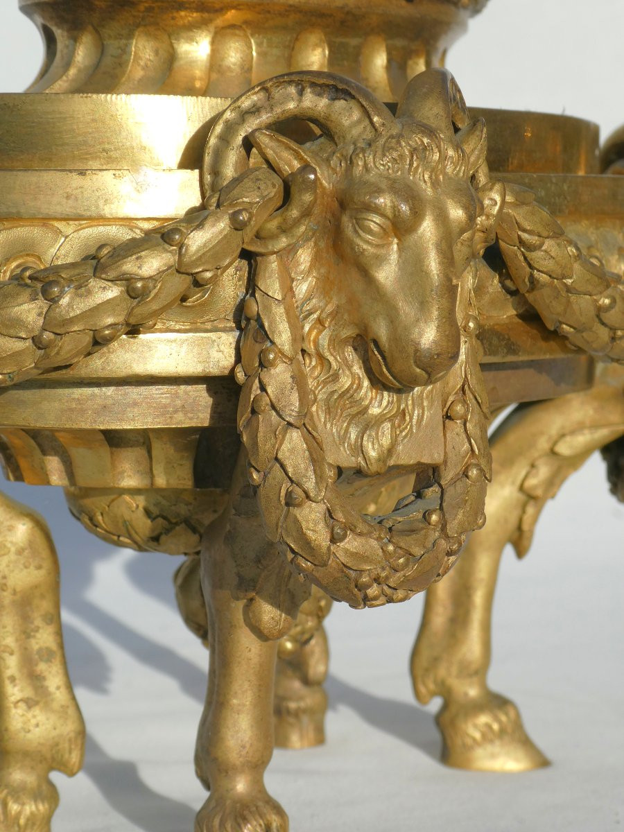 Pair Of Fire Pots / Incense Burners, Gilt Bronze, Louis XVI Style, 18th Century, Ram's Head-photo-4