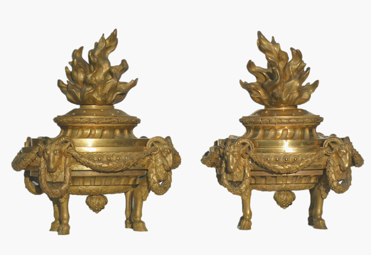 Pair Of Fire Pots / Incense Burners, Gilt Bronze, Louis XVI Style, 18th Century, Ram's Head