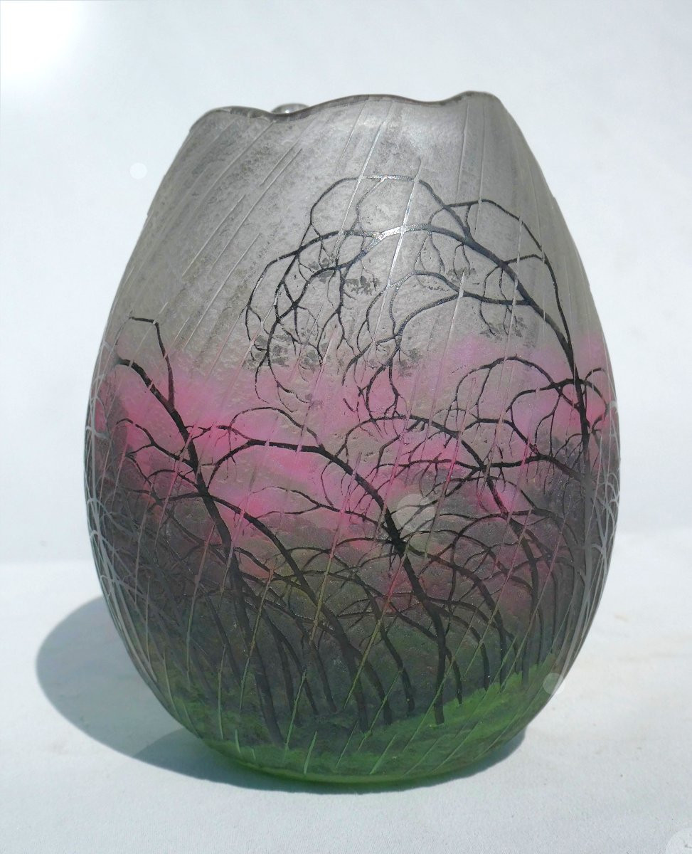 VASE OVOIDE DAUM NANCY , DECOR DE PLUIE , ORAGE , ART NOUVEAU 1900 -1910 , ACIDE EMAIL -photo-2