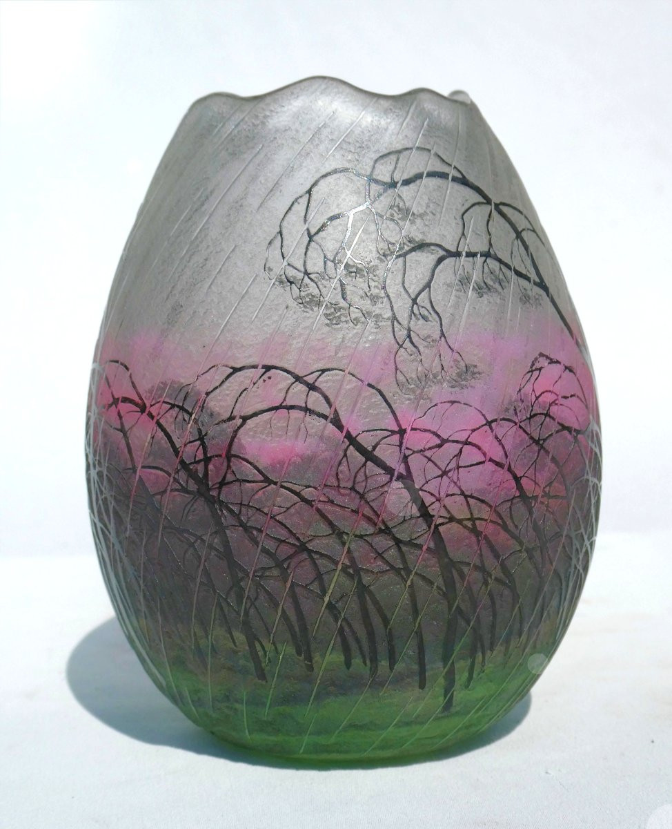 VASE OVOIDE DAUM NANCY , DECOR DE PLUIE , ORAGE , ART NOUVEAU 1900 -1910 , ACIDE EMAIL -photo-3