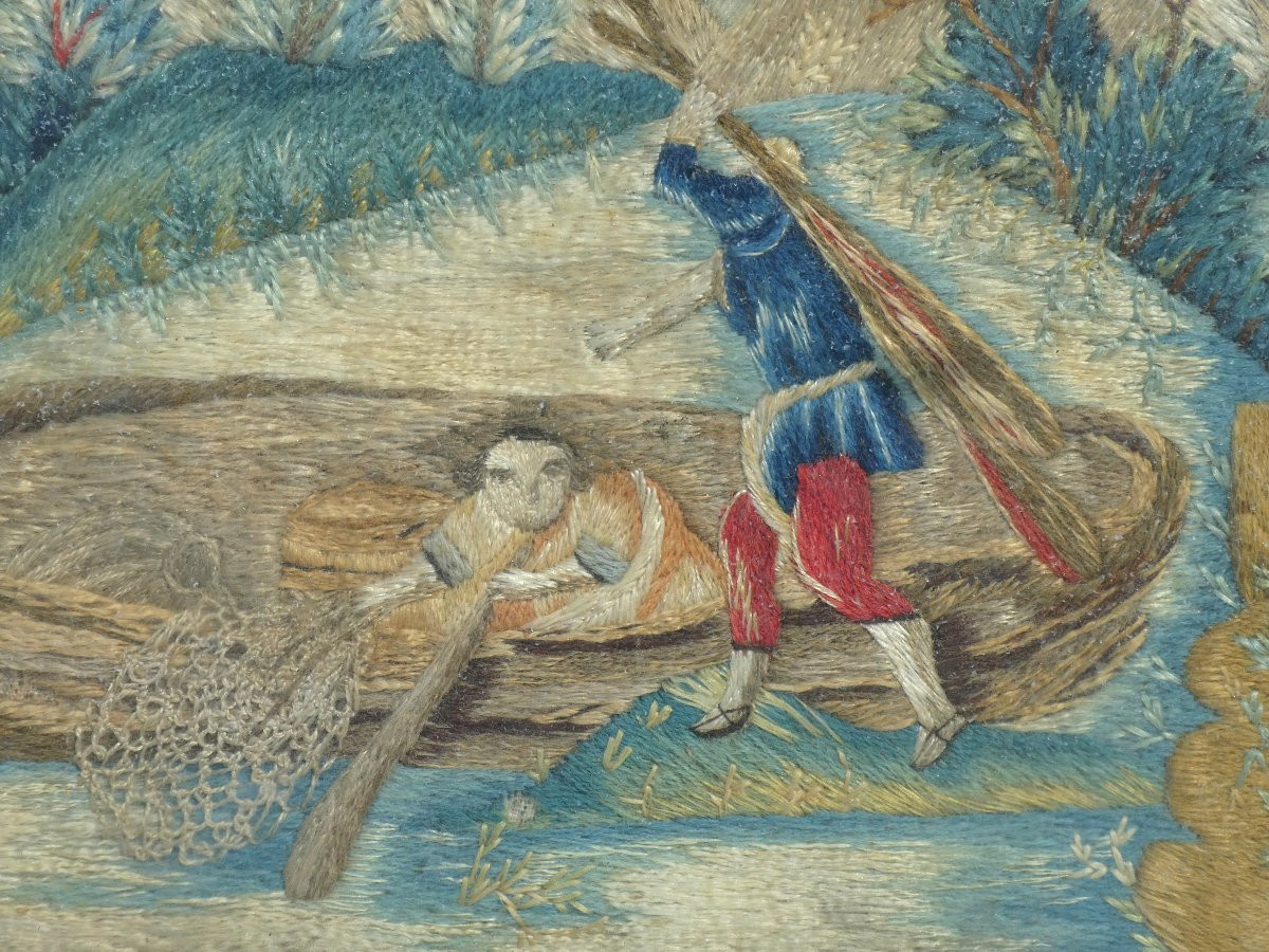 Broderie En Soie De Nancy Encadrée XVIIIe Peinture A l'Aiguille France Cadre Bois Dore 1800-photo-2