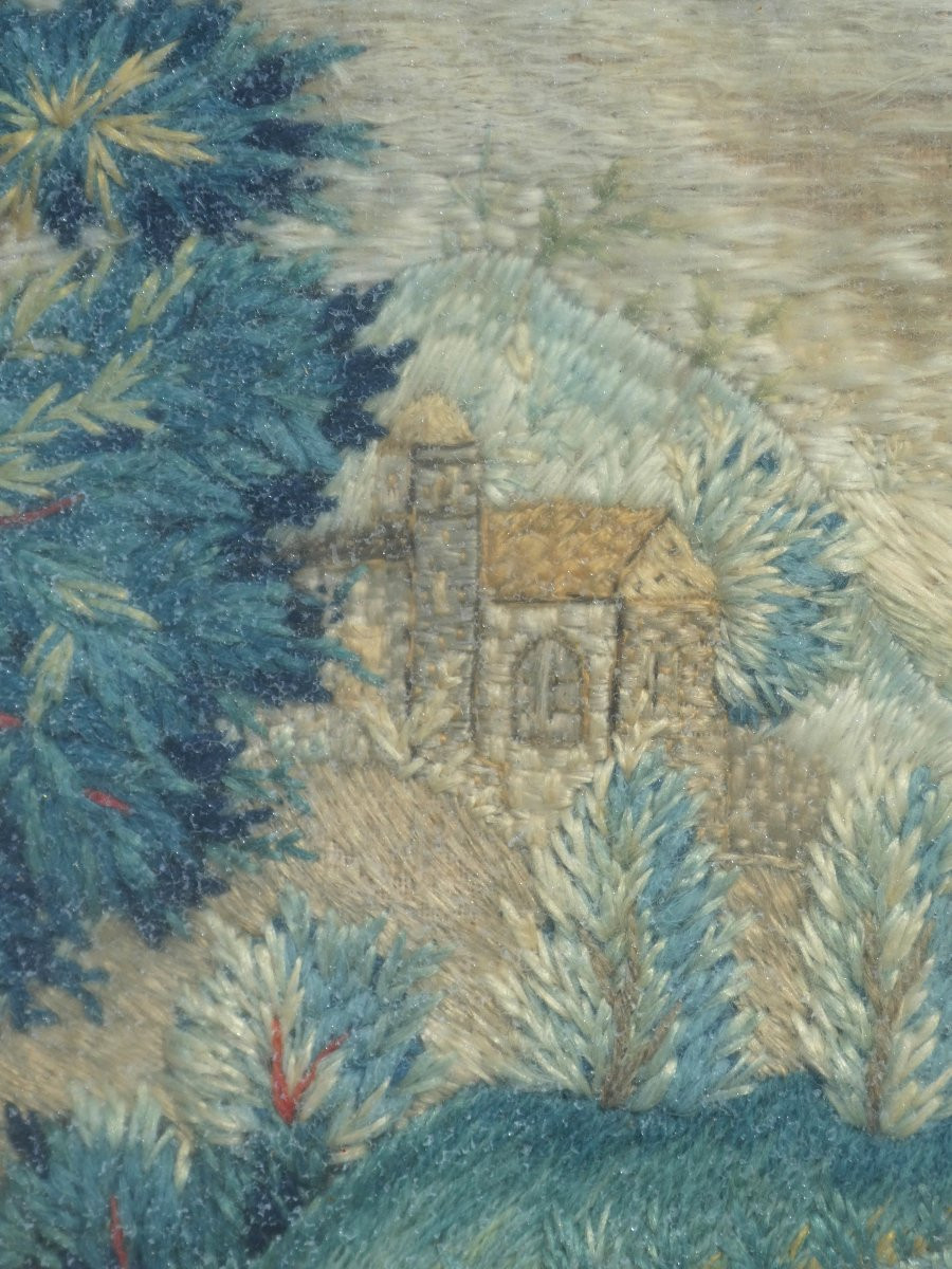 Broderie En Soie De Nancy Encadrée XVIIIe Peinture A l'Aiguille France Cadre Bois Dore 1800-photo-3