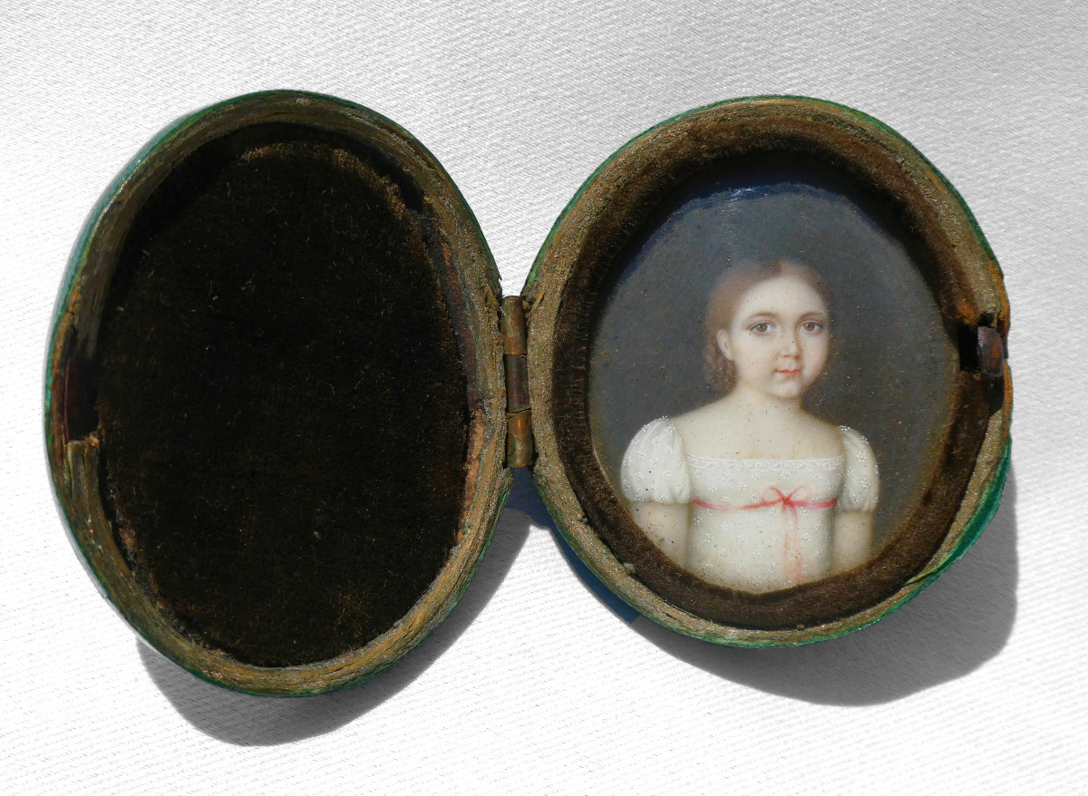Portrait Of A Young Girl, First Empire Period, Shagreen Case, Miniature, 1800, Child