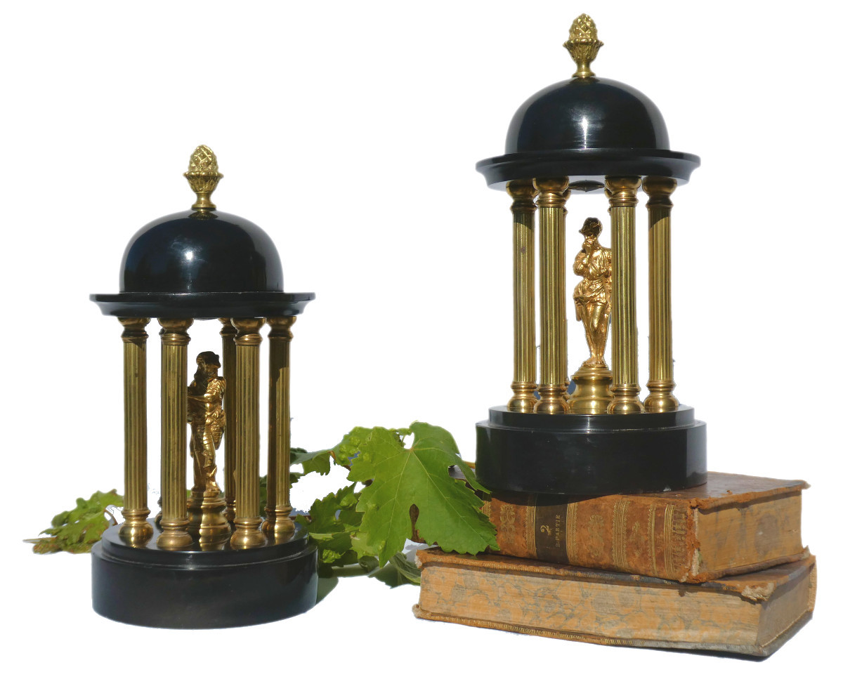 Paire De Temples Antiques Style XVIIIe siecle , Marbre & Bronze Doré , Rotonde XIXe Colonnes 