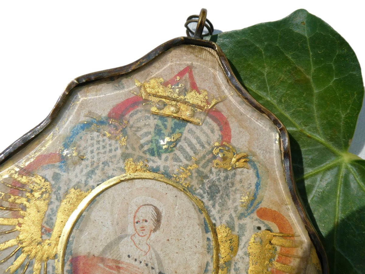 MEDAILLON RELIGIEUX EPOQUE XVIIE SIECLE , PEINTURE SUR VELIN , RELIQUAIRE , EX VOTO 1700-photo-3